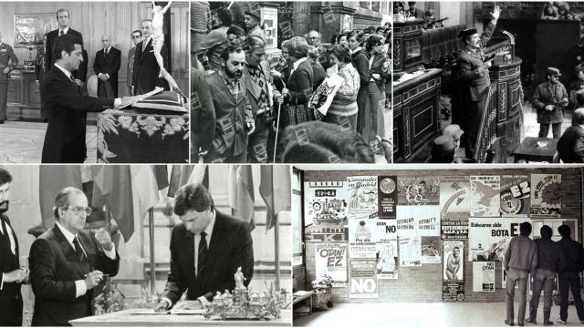 Adolfo Suárez jura como presidente del Gobierno español, gente vota en las primeras elecciones en Euskadi y Tejero en su intento de golpe. Abajo, firma de la entrada en la CEE y referéndum de la OTAN.