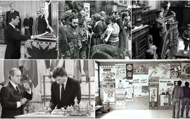 Adolfo Suárez jura como presidente del Gobierno español, gente vota en las primeras elecciones en Euskadi y Tejero en su intento de golpe. Abajo, firma de la entrada en la CEE y referéndum de la OTAN.