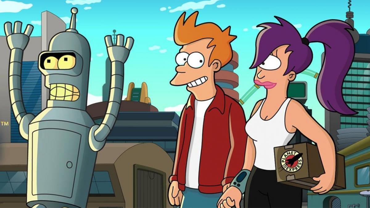 Imagen de ‘Futurama’ con sus personajes principales: Bender, Fry y Turanga.