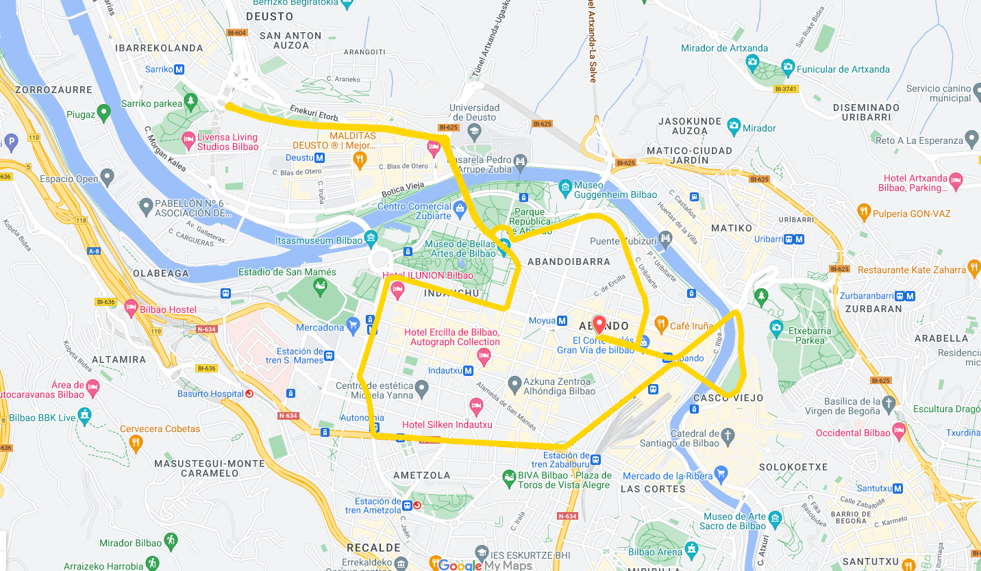En amarillo, el recorrido de la Bilboko Herri Krosa 2024. En amarillo, el recorrido de la Bilboko Herri Krosa 2024.