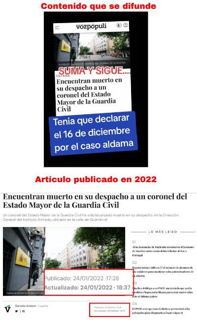 Comparativa entre la imagen que circula y el artículo de 2022.
