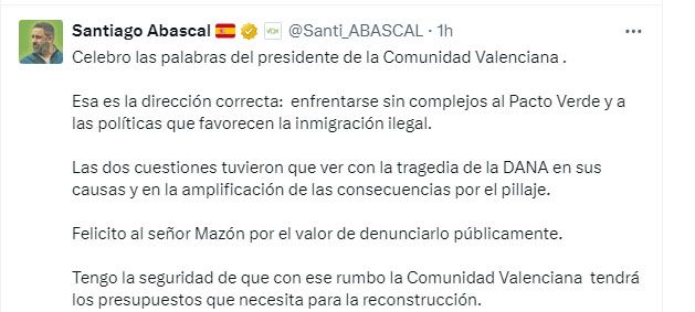 El post de Abascal en X celebrando las palabras de Mazón.