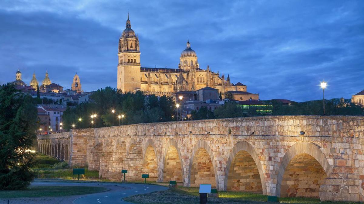 Puente Romano de Salamanca con la catedral al fondo.