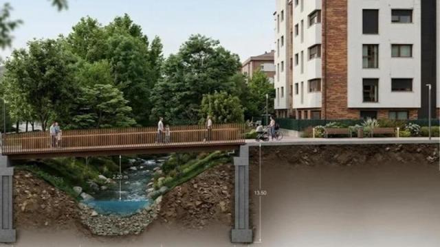 Infografía de la propuesta de pasarela peatonal para conectar Pozueta con Mendieta