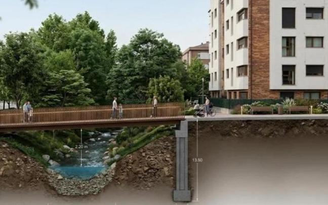 Infografía de la propuesta de pasarela peatonal para conectar Pozueta con Mendieta