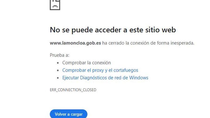 Uno de los fallos reportados en la página web de Moncloa.
