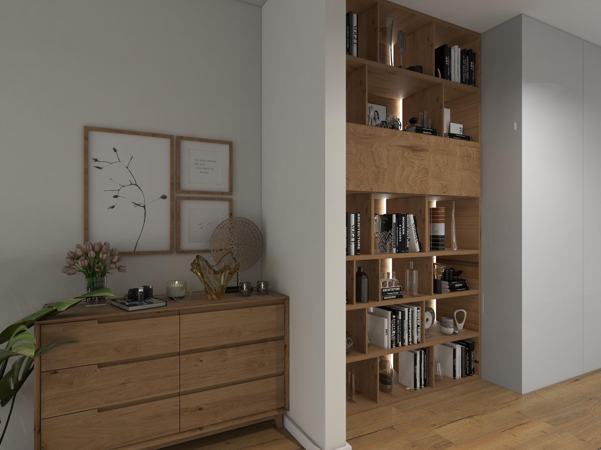 Salón con una gran estantería de libros.