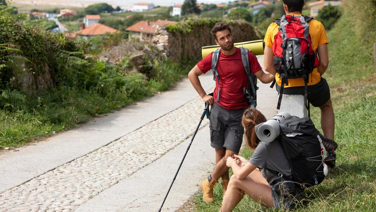 Grupo de amigos haciendo un viaje de mochileros.