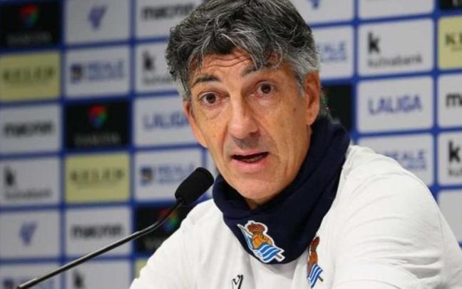 Imanol Alguacil, durante una rueda de prensa en Anoeta. / REAL SOCIEDAD