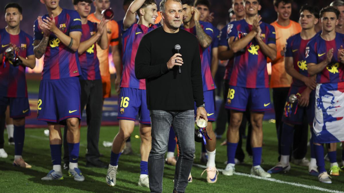 Hansi Flick, durante la celebración por el título de liga.