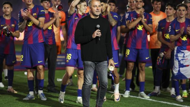 Hansi Flick, durante la celebración por el título de liga.