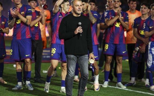 Hansi Flick, durante la celebración por el título de liga.