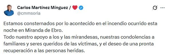 Mensaje del líder del PSOE en esta comunidad, Carlos Martínez, a través de su cuenta en X.