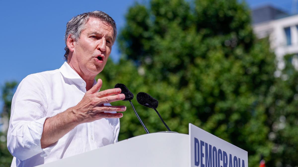 El líder del PP, Alberto Núñez Feijóo, durante su intervención en la manifestación convocada por el Partido Popular contra el Gobierno de Pedro Sánchez bajo el lema 'Democracia o mafia' este domingo en la Plaza Espa&#241