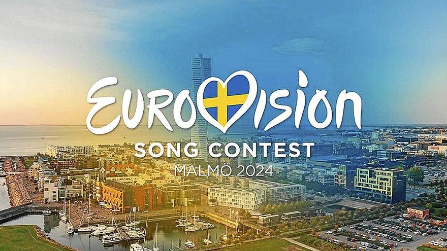 Logo del Festival de Eurovision sobre una panorámica de la ciudad de Malmö.