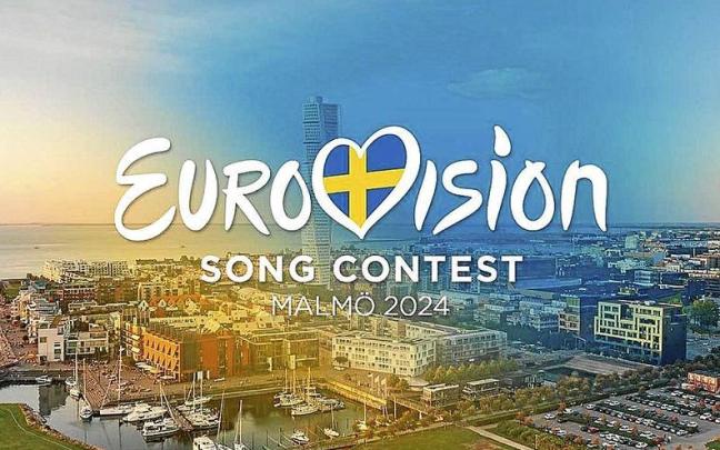 Logo del Festival de Eurovision sobre una panorámica de la ciudad de Malmö.