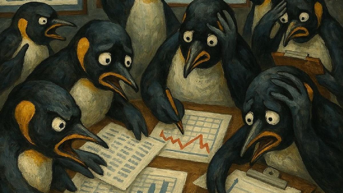 Unos pingüinos analizan el mercado bursátil tras el anuncio de los aranceles de Trump.