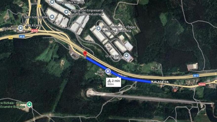 Mapa que indica el tramo de N-634 afectado por los próximos cortes nocturnos