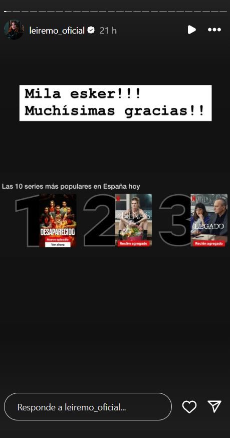 Leire Martínez celebra el primer puesto de 'Desaparecido' en Netflix