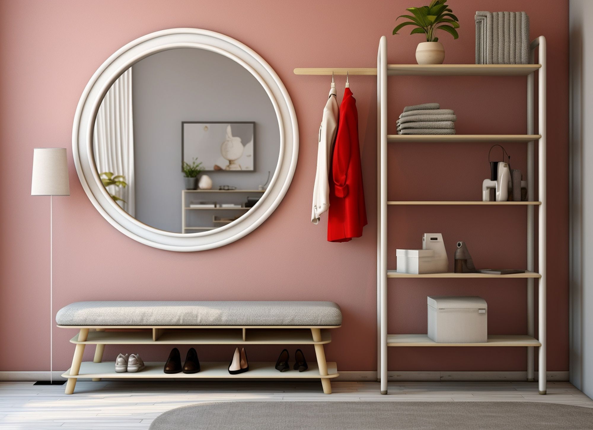 Espejo redondo en una zona multiusos.