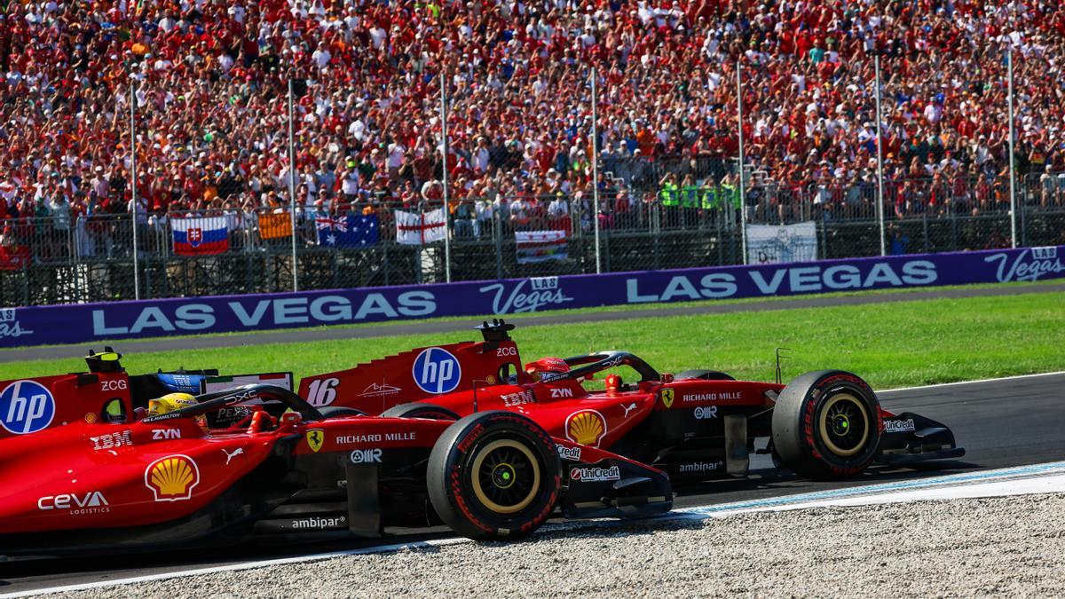 Hamilton se va a la grava tras ser estrangulado por Leclerc, quien corría con la ventaja de la zona interior.