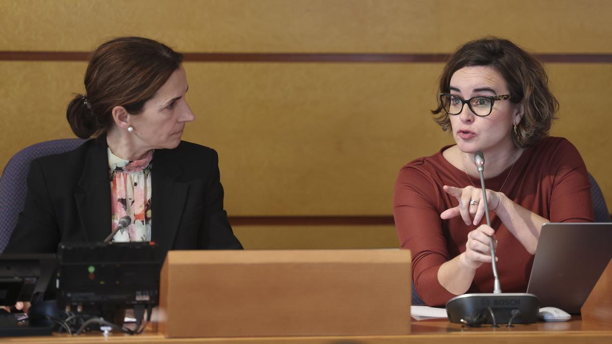 La diputada general, Elixabete Etxanobe, durante su intervención, junto a Jane Eyer Urkieta