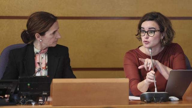 La diputada general, Elixabete Etxanobe, durante su intervención, junto a Jane Eyer Urkieta