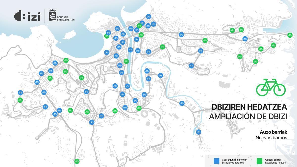 Mapa de la ampliación de Dbizi, con las nuevas estaciones en color verde y las actuales, en azul.