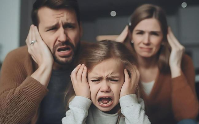 Unos padres se tapan los oídos durante una rabieta de su hija.