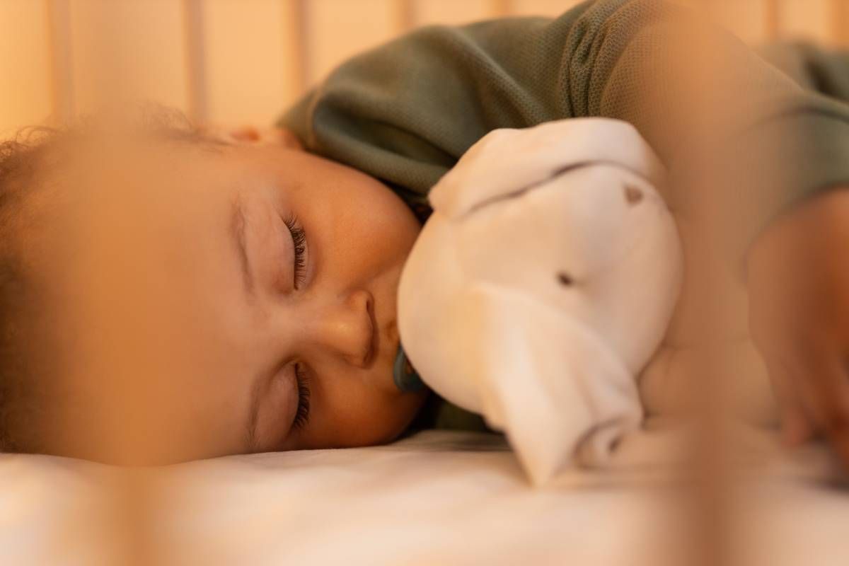 Bebé dormido en su cuna junto a un peluche.