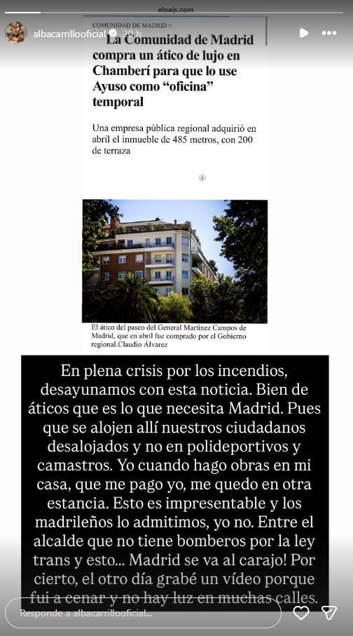 Alba Carrillo critica la compra de un ático de lujo como "oficina" temporal de Ayuso