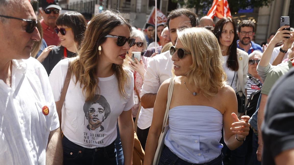 Irene Montero y Yolanda Díaz coincidieron ayer en el 1 de Mayo en Madrid.