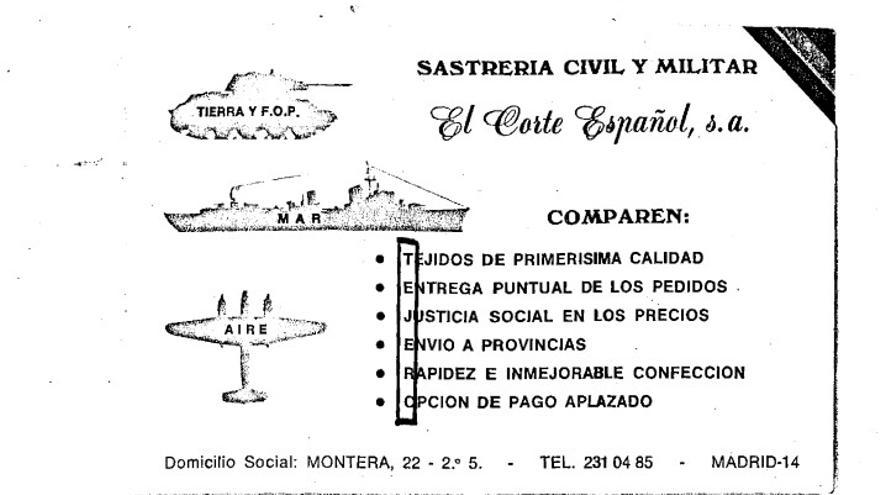 Una imagen de la tarjeta de la sastrería "El Corte Español", donde se puede ver que "en la primera de ellas leídas verticalmente las letras iniciales de las frases, aparece el nombre de Tejero".