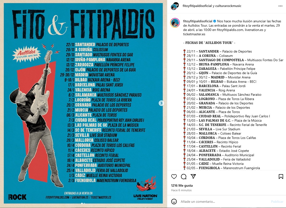 Publicación de Fito y Fitipaldis en Instagram