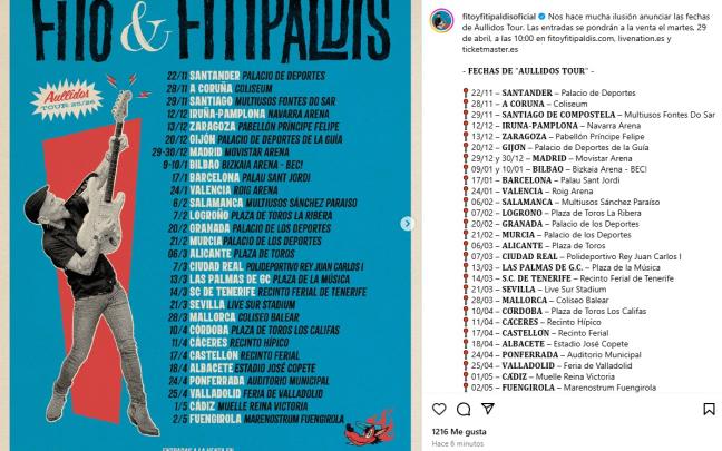 Publicación de Fito y Fitipaldis en Instagram Publicación de Fito y Fitipaldis en Instagram