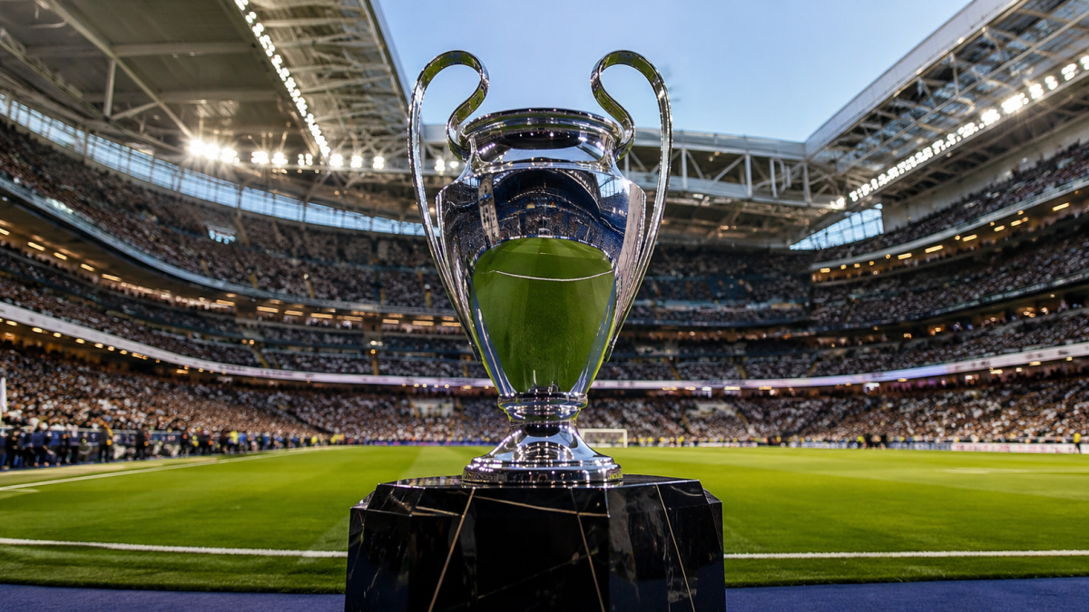 Trofeo de la Liga de Campeones sobre un pedestal en el campo de un estadio lleno
