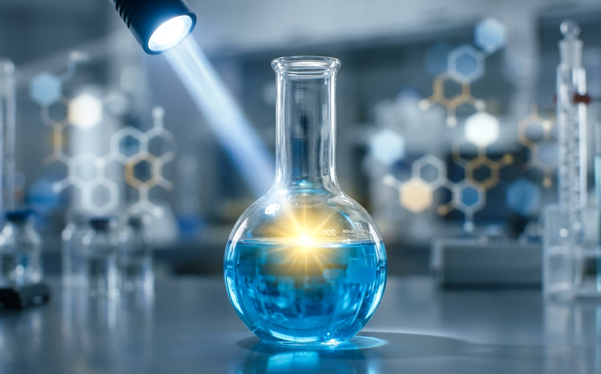 Frasco de laboratorio con líquido azul bajo un foco de luz
