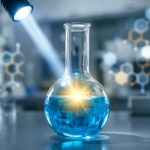 Frasco de laboratorio con líquido azul bajo un foco de luz