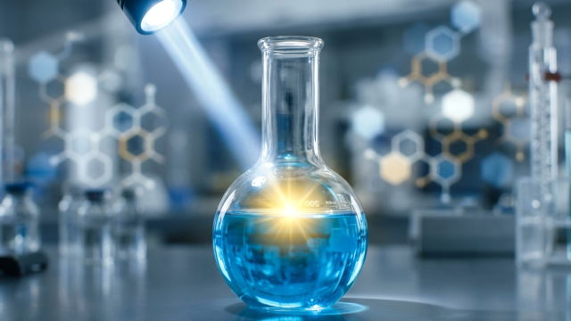 Frasco de laboratorio con líquido azul bajo un foco de luz