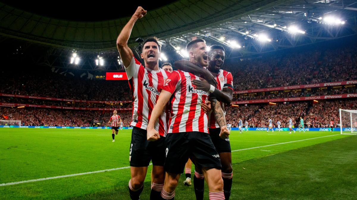 Oihan Sancet celebra el gol de la victoria ante la Real Sociedad / Athletic Club