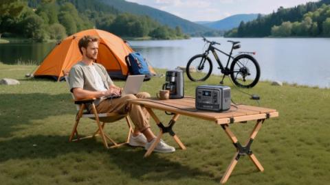 Generador portátil Bluetti siendo utilizado en una escapada de caravaning