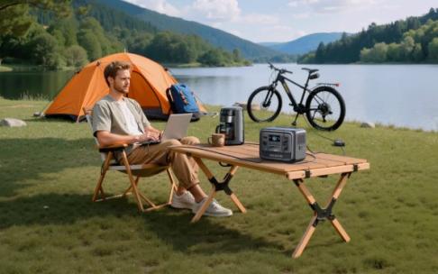 Generador portátil Bluetti siendo utilizado en una escapada de caravaning