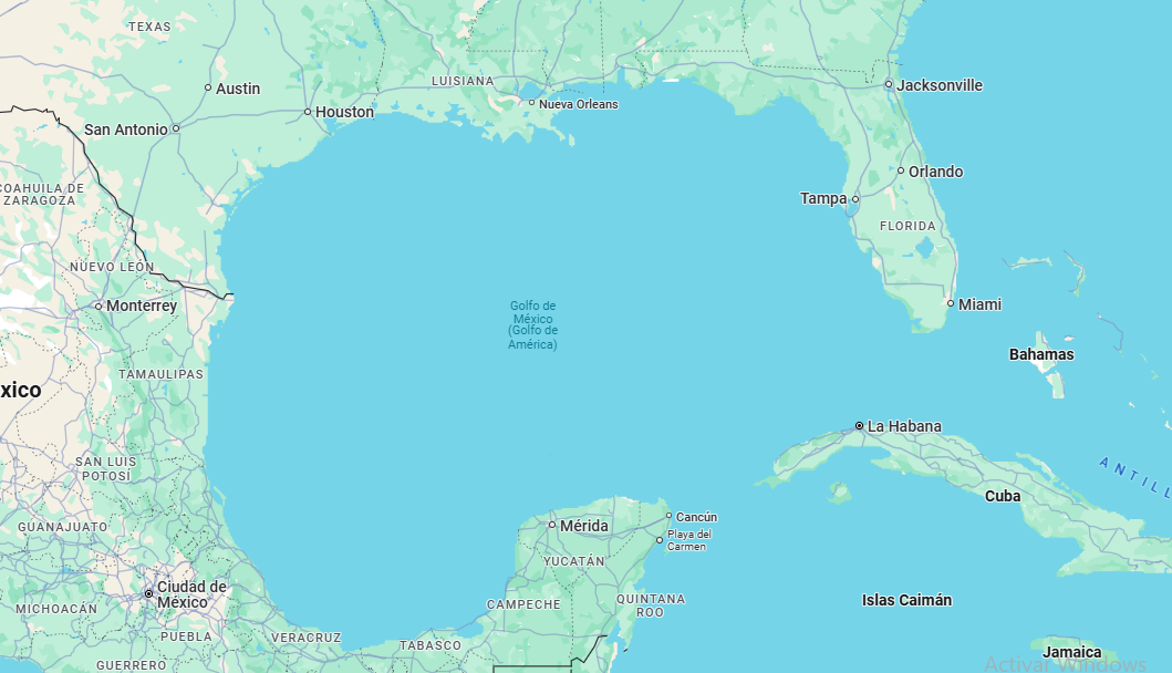 Captura de pantalla de Google Maps con el Golfo de México.