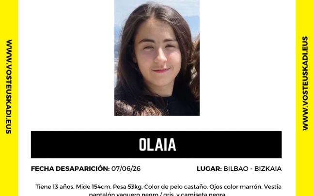 Fotografía y descripción de Olaia, la menor desaparecida en Bilbao / Vost Euskadi. 