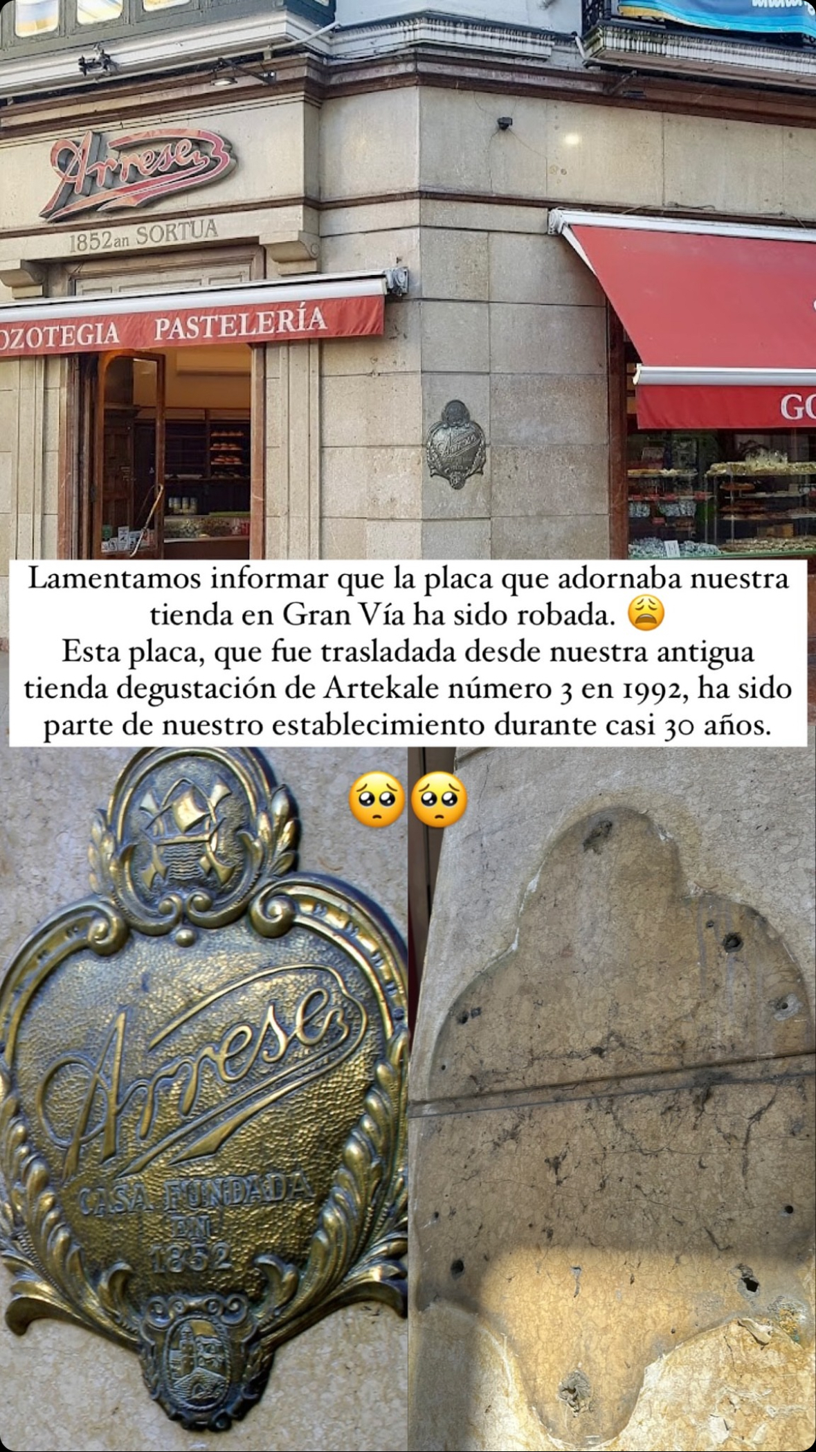 Robo de la placa de la pastelería Arrese de la Gran Vía de Bilbao. Instagram: @arresebilbao1852