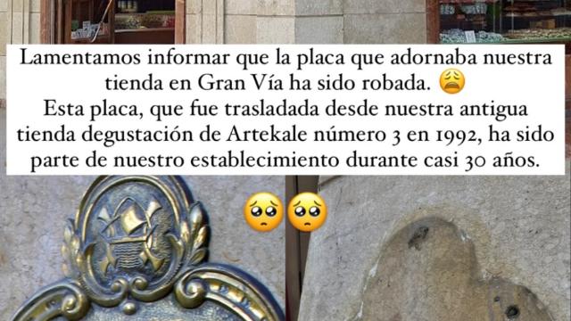 Robo de la placa de la pastelería Arrese de la Gran Vía de Bilbao. Instagram: @arresebilbao1852