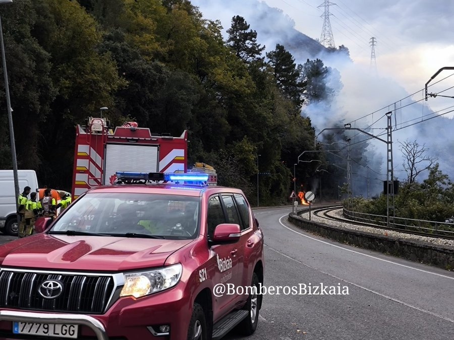 Los bomberos trabajan para sofocar el incendio en Güeñes. CEDIDA