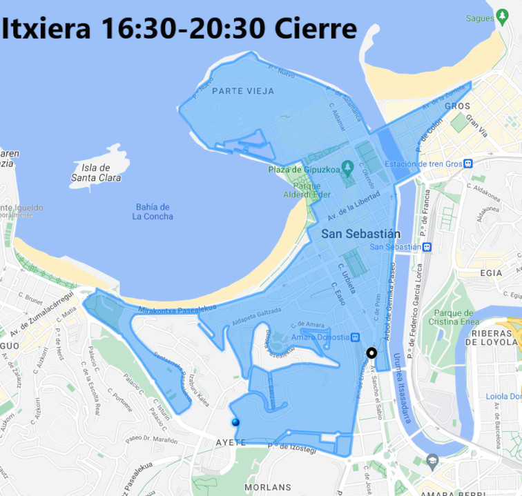 Mapa de la zona cerrada al tráfico durante el Día de San Sebastian debido a las tamborradas