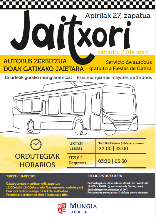 Mungia retoma el día 27 el servicio gratuito de autobús nocturno para fiestas de la comarca.