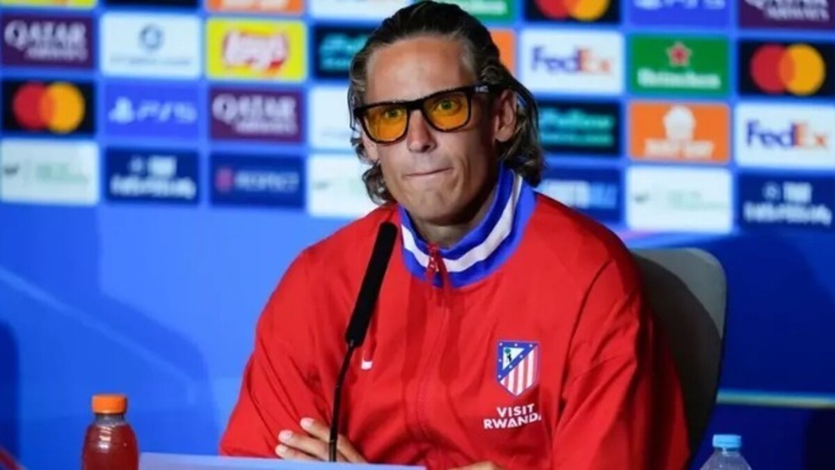 Marcos Llorente en la rueda de prensa previa al partido frente al Bayer Leverkusen. / EP